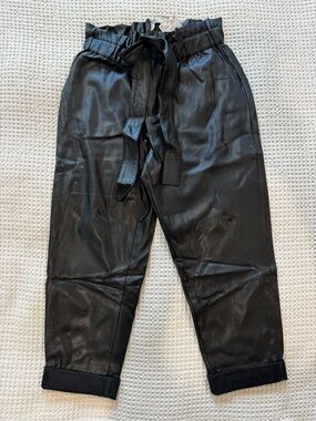 NWT Mango Faux Leather Paperbag Pants Black Tapered Size Small